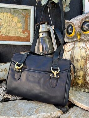 Laura Scott Black Leather Messenger Bag with Gold Hardware